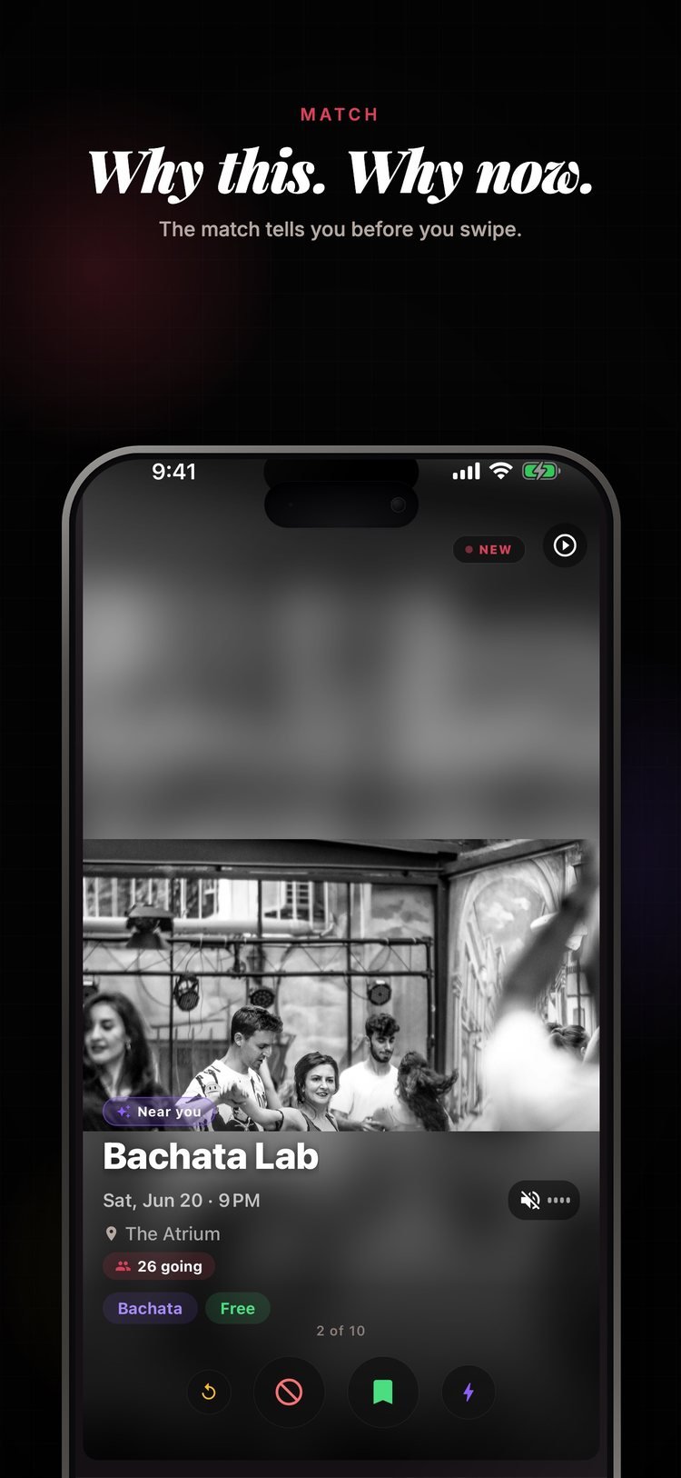 Swipe-Ansicht in Bailar mit einer Bachata-Social